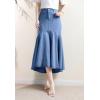 image:imagechouyatou Womens Denim Mermaid Ruffle Skirt A Line Flare Fishtail Skirt High Waisted Pleated Midi Long Jean SkirtBlue