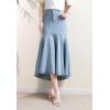 image:imagechouyatou Womens Denim Mermaid Ruffle Skirt A Line Flare Fishtail Skirt High Waisted Pleated Midi Long Jean SkirtLight Blue