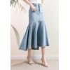 image:imagechouyatou Womens Denim Mermaid Ruffle Skirt A Line Flare Fishtail Skirt High Waisted Pleated Midi Long Jean SkirtLight Blue