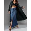 image:imagechouyatou Womens Elegant ALine Front Split Jean Skirt Western Distressed Maxi Long Denim Skirt with PocketsDark Blue