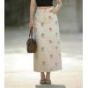 image:imagechouyatou Womens Elegant Floral Printed Denim Long Skirt Y2k Distressed Vintage A Line Jean Skirt with PocketsBeige White