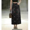 image:imagechouyatou Womens Elegant Floral Printed Denim Long Skirt Y2k Distressed Vintage A Line Jean Skirt with PocketsBlack