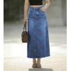 image:imagechouyatou Womens Elegant Floral Printed Denim Long Skirt Y2k Distressed Vintage A Line Jean Skirt with PocketsBlue