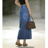 image:imagechouyatou Womens Elegant Floral Printed Denim Long Skirt Y2k Distressed Vintage A Line Jean Skirt with PocketsBlue
