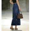 image:imagechouyatou Womens Elegant Floral Printed Denim Long Skirt Y2k Distressed Vintage A Line Jean Skirt with PocketsDark Blue
