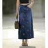 image:imagechouyatou Womens Elegant Floral Printed Denim Long Skirt Y2k Distressed Vintage A Line Jean Skirt with PocketsDark Blue