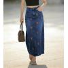 image:imagechouyatou Womens Elegant Floral Printed Denim Long Skirt Y2k Distressed Vintage A Line Jean Skirt with PocketsDark Blue
