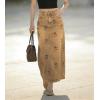 image:imagechouyatou Womens Elegant Floral Printed Denim Long Skirt Y2k Distressed Vintage A Line Jean Skirt with PocketsKhaki