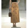 image:imagechouyatou Womens Elegant Floral Printed Denim Long Skirt Y2k Distressed Vintage A Line Jean Skirt with PocketsKhaki