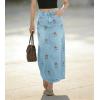 image:imagechouyatou Womens Elegant Floral Printed Denim Long Skirt Y2k Distressed Vintage A Line Jean Skirt with PocketsLight Blue