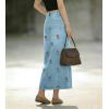 image:imagechouyatou Womens Elegant Floral Printed Denim Long Skirt Y2k Distressed Vintage A Line Jean Skirt with PocketsLight Blue