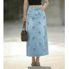 image:imagechouyatou Womens Elegant Floral Printed Denim Long Skirt Y2k Distressed Vintage A Line Jean Skirt with PocketsLight Blue