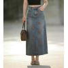 image:imagechouyatou Womens Elegant Floral Printed Denim Long Skirt Y2k Distressed Vintage A Line Jean Skirt with PocketsVintage Blue