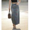 image:imagechouyatou Womens Elegant Floral Printed Denim Long Skirt Y2k Distressed Vintage A Line Jean Skirt with PocketsVintage Blue