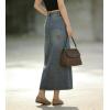 image:imagechouyatou Womens Elegant Floral Printed Denim Long Skirt Y2k Distressed Vintage A Line Jean Skirt with PocketsVintage Blue