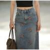 image:imagechouyatou Womens Elegant Floral Printed Denim Long Skirt Y2k Distressed Vintage A Line Jean Skirt with PocketsVintage Blue