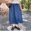 image:imagechouyatou Womens Floral Embroidered Elastic Waist Jean Skirt A Line Flared Denim Midi Skirt with PocketsBlue