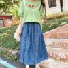 image:imagechouyatou Womens Floral Embroidered Elastic Waist Jean Skirt A Line Flared Denim Midi Skirt with PocketsBlue