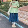 image:imagechouyatou Womens Floral Embroidered Elastic Waist Jean Skirt A Line Flared Denim Midi Skirt with PocketsBlue