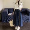 image:imagechouyatou Womens Floral Embroidered Elastic Waist Jean Skirt A Line Flared Denim Midi Skirt with PocketsDark Blue