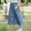 image:imagechouyatou Womens Floral Embroidered Elastic Waist Jean Skirt A Line Flared Denim Midi Skirt with PocketsLight Blue