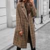 image:imagechouyatou Womens Plaid Double Breasted Mid Long Wool Coat Notch Lapel Wool Blend Pea Coat Overcoat with PocketsBrown