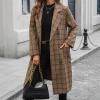 image:imagechouyatou Womens Plaid Double Breasted Mid Long Wool Coat Notch Lapel Wool Blend Pea Coat Overcoat with PocketsBrown