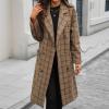 image:imagechouyatou Womens Plaid Double Breasted Mid Long Wool Coat Notch Lapel Wool Blend Pea Coat Overcoat with PocketsBrown