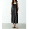 image:imagechouyatou Womens Polka Dot Floral Printed Denim Bib Overall Dress Adjustable Strap A Line Jean Jumper Midi Long DressBlack