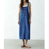 image:imagechouyatou Womens Polka Dot Floral Printed Denim Bib Overall Dress Adjustable Strap A Line Jean Jumper Midi Long DressBlue