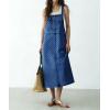 image:imagechouyatou Womens Polka Dot Floral Printed Denim Bib Overall Dress Adjustable Strap A Line Jean Jumper Midi Long DressBlue