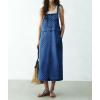 image:imagechouyatou Womens Polka Dot Floral Printed Denim Bib Overall Dress Adjustable Strap A Line Jean Jumper Midi Long DressBlue