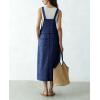 image:imagechouyatou Womens Polka Dot Floral Printed Denim Bib Overall Dress Adjustable Strap A Line Jean Jumper Midi Long DressDark Blue