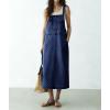 image:imagechouyatou Womens Polka Dot Floral Printed Denim Bib Overall Dress Adjustable Strap A Line Jean Jumper Midi Long DressDark Blue