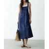 image:imagechouyatou Womens Polka Dot Floral Printed Denim Bib Overall Dress Adjustable Strap A Line Jean Jumper Midi Long DressDark Blue