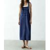 image:imagechouyatou Womens Polka Dot Floral Printed Denim Bib Overall Dress Adjustable Strap A Line Jean Jumper Midi Long DressDark Blue
