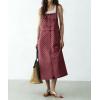 image:imagechouyatou Womens Polka Dot Floral Printed Denim Bib Overall Dress Adjustable Strap A Line Jean Jumper Midi Long DressDark Red