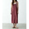 image:imagechouyatou Womens Polka Dot Floral Printed Denim Bib Overall Dress Adjustable Strap A Line Jean Jumper Midi Long DressDark Red