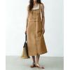 image:imagechouyatou Womens Polka Dot Floral Printed Denim Bib Overall Dress Adjustable Strap A Line Jean Jumper Midi Long DressKhaki