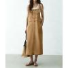 image:imagechouyatou Womens Polka Dot Floral Printed Denim Bib Overall Dress Adjustable Strap A Line Jean Jumper Midi Long DressKhaki