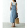 image:imagechouyatou Womens Polka Dot Floral Printed Denim Bib Overall Dress Adjustable Strap A Line Jean Jumper Midi Long DressLight Blue
