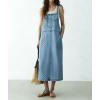 image:imagechouyatou Womens Polka Dot Floral Printed Denim Bib Overall Dress Adjustable Strap A Line Jean Jumper Midi Long DressLight Blue