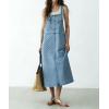 image:imagechouyatou Womens Polka Dot Floral Printed Denim Bib Overall Dress Adjustable Strap A Line Jean Jumper Midi Long DressLight Blue