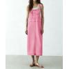 image:imagechouyatou Womens Polka Dot Floral Printed Denim Bib Overall Dress Adjustable Strap A Line Jean Jumper Midi Long DressPink