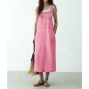 image:imagechouyatou Womens Polka Dot Floral Printed Denim Bib Overall Dress Adjustable Strap A Line Jean Jumper Midi Long DressPink