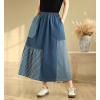 image:imagechouyatou Womens Retro Color Block Denim Skirt Striped Splicing Elastic High Waist A Line Midi Jean SkirtBlue