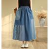 image:imagechouyatou Womens Retro Color Block Denim Skirt Striped Splicing Elastic High Waist A Line Midi Jean SkirtBlue