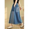 image:imagechouyatou Womens Retro Color Block Denim Skirt Striped Splicing Elastic High Waist A Line Midi Jean SkirtBlue