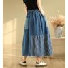 image:imagechouyatou Womens Retro Color Block Denim Skirt Striped Splicing Elastic High Waist A Line Midi Jean SkirtBlue