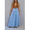 image:imagechouyatou Womens Retro Denim Skirt High Waist A Line Flare Maxi Long Jean Skirt with BeltBlue